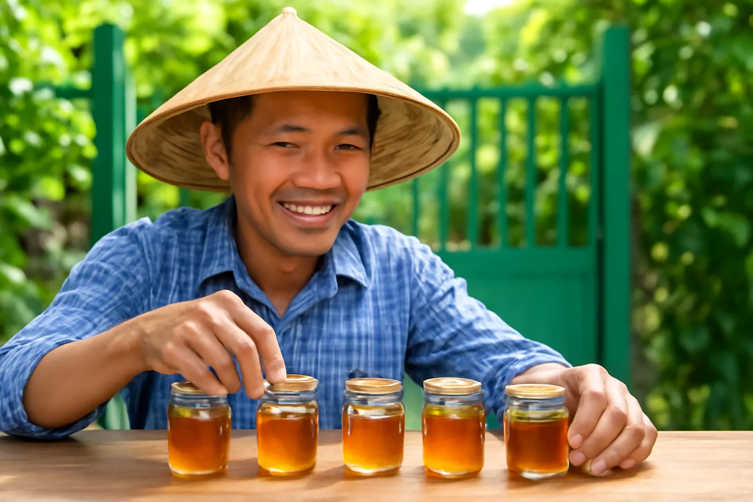 Người nuôi ong bày hũ mật ong dú trên bàn gỗ trước cổng nhà vườn