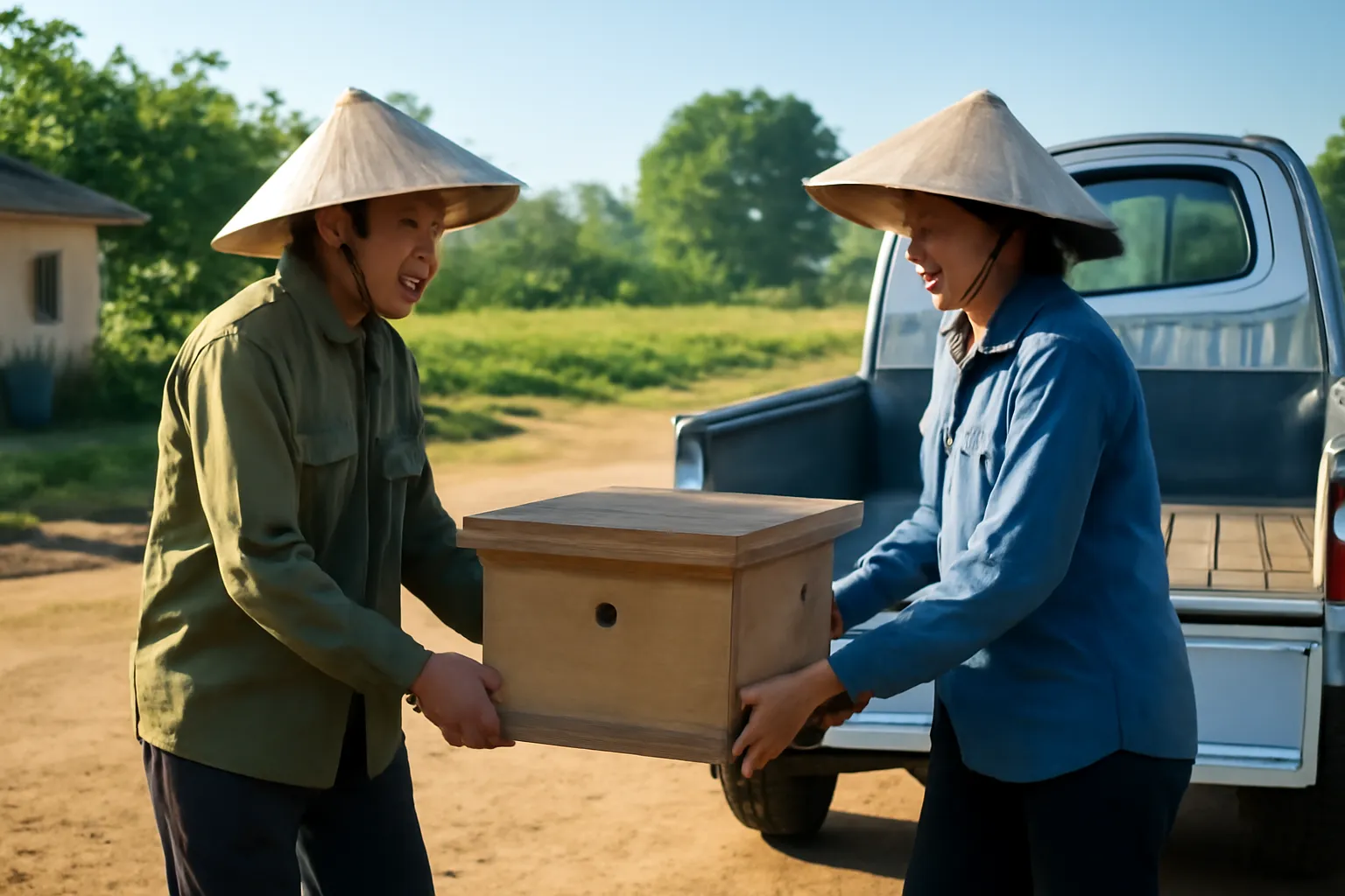 Hai người nông dân khiêng thùng gỗ nuôi ong dú ra xe tải nhỏ