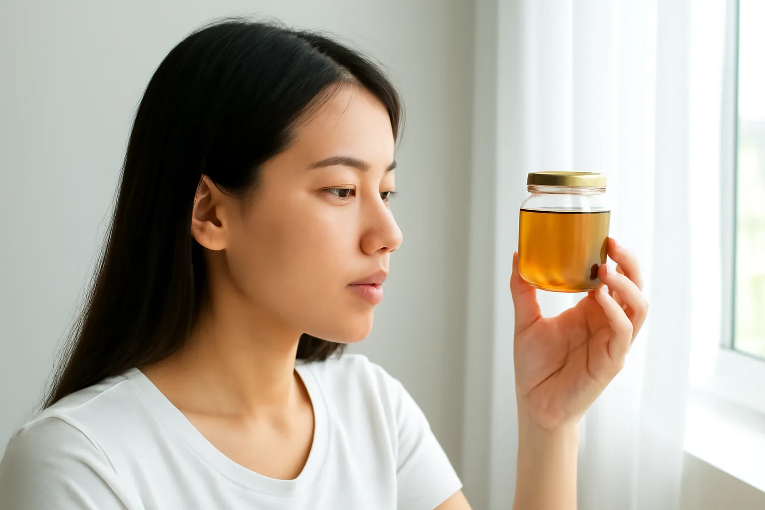 Người mua cầm hũ mật ong dú soi lên ánh sáng cửa sổ trong phòng trắng