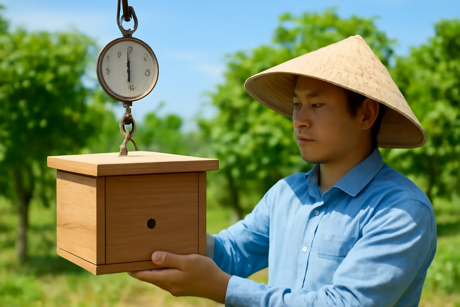 Thùng gỗ nuôi ong dú treo trên cân móc ở sân trại buổi sáng