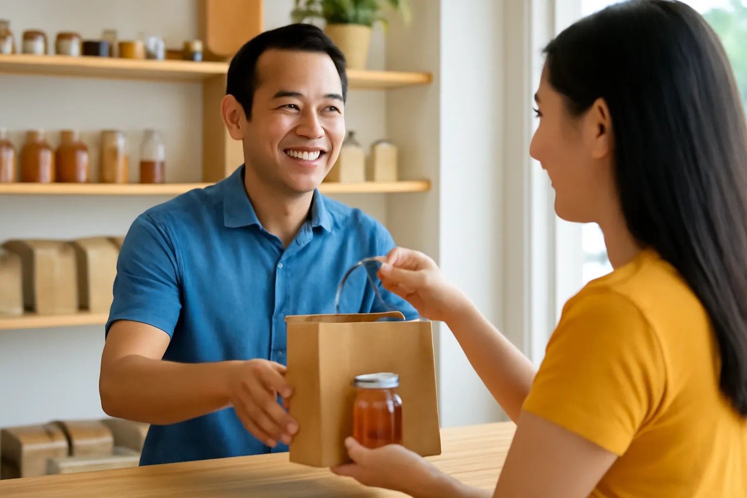 Người bán trao túi giấy đựng hũ mật ong dú cho khách quen ở quầy