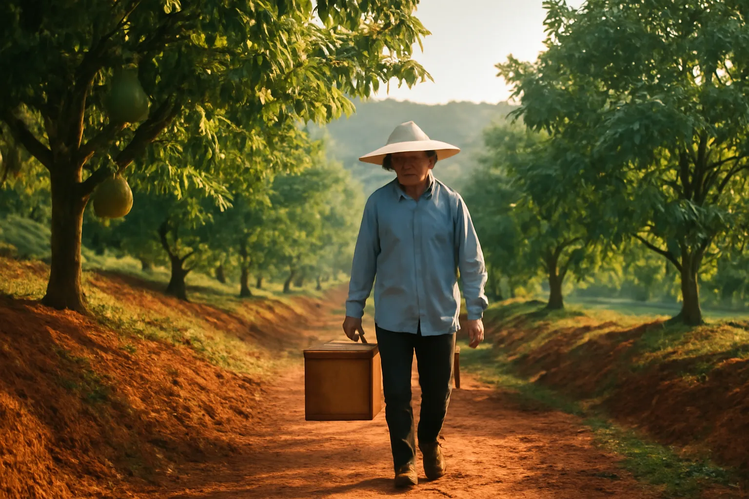 Nông dân mang thùng gỗ đi qua vườn sầu riêng trên đồi đất đỏ