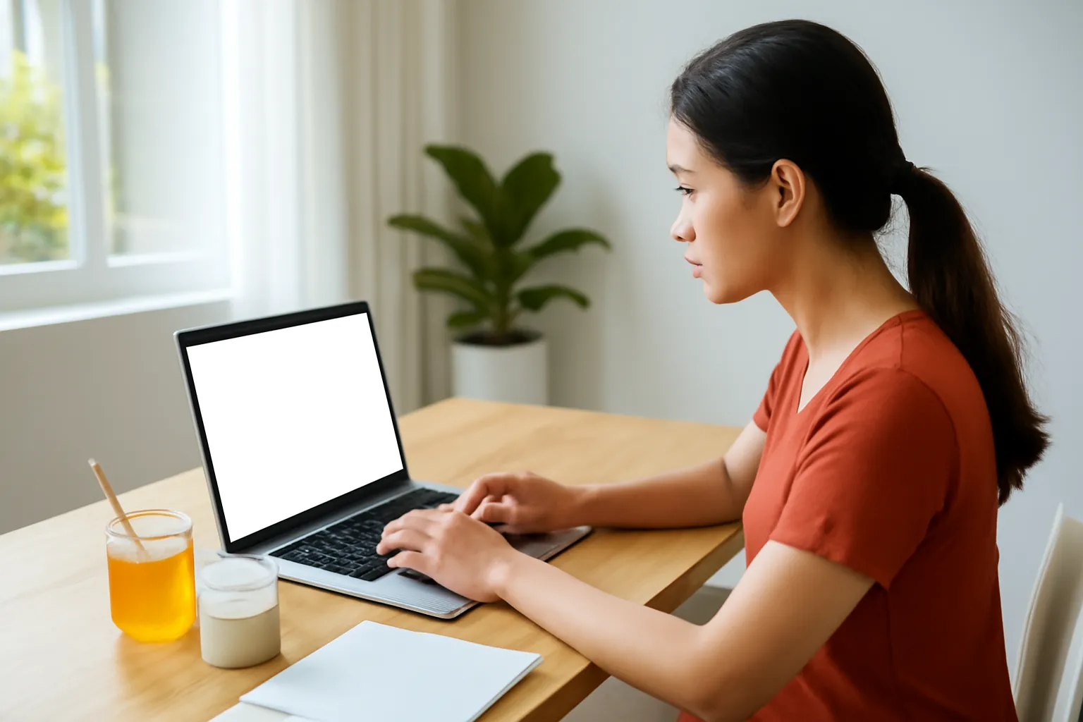 Người phụ nữ làm hồ sơ trên laptop màn hình trống, hũ mật ong dú trên bàn