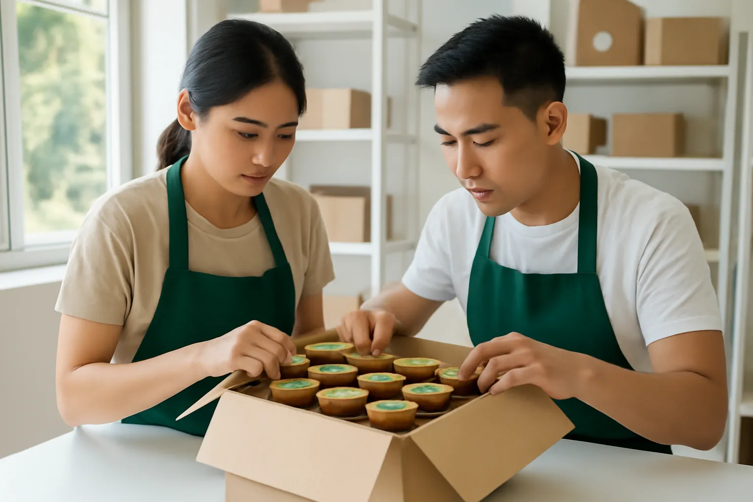Hai người kiểm tra thùng hàng mật ong dú mở trên bàn kho sáng