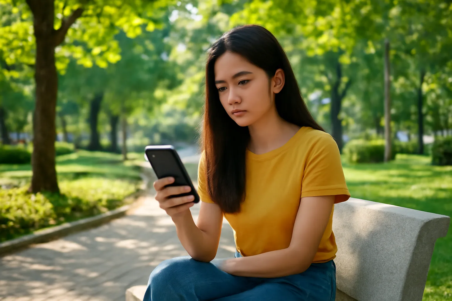 Cô gái ngồi ghế đá công viên cầm điện thoại, màn hình hướng ra xa