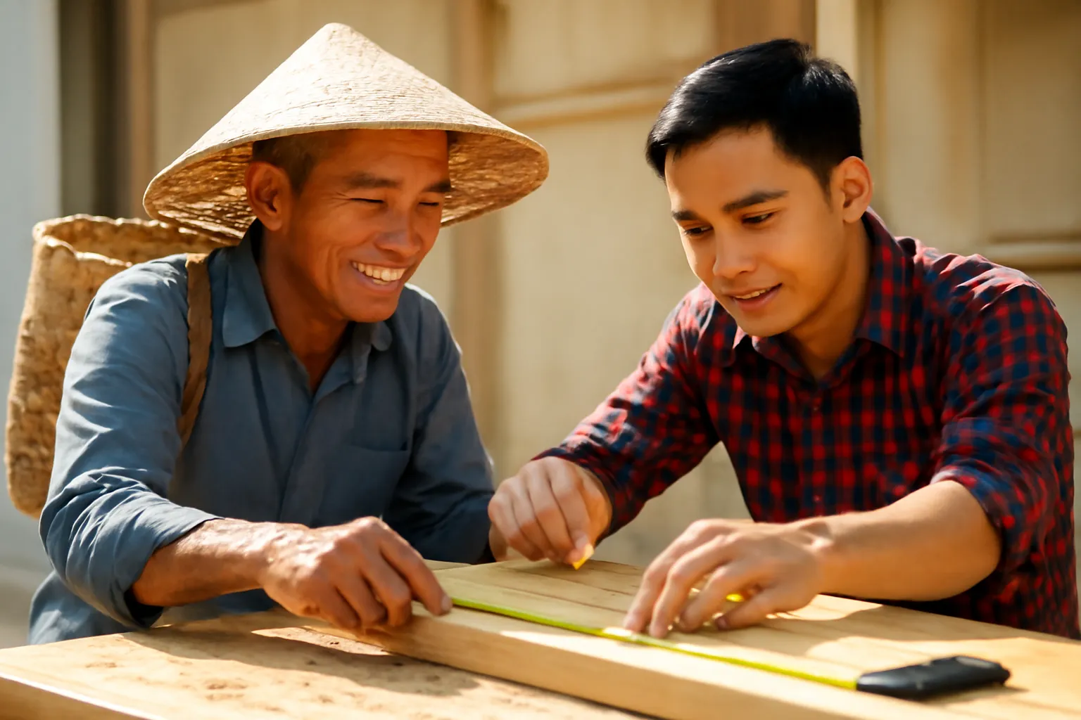 Chủ trại ong dú và thợ mộc cùng đo tấm gỗ trên bàn xưởng đầy nắng