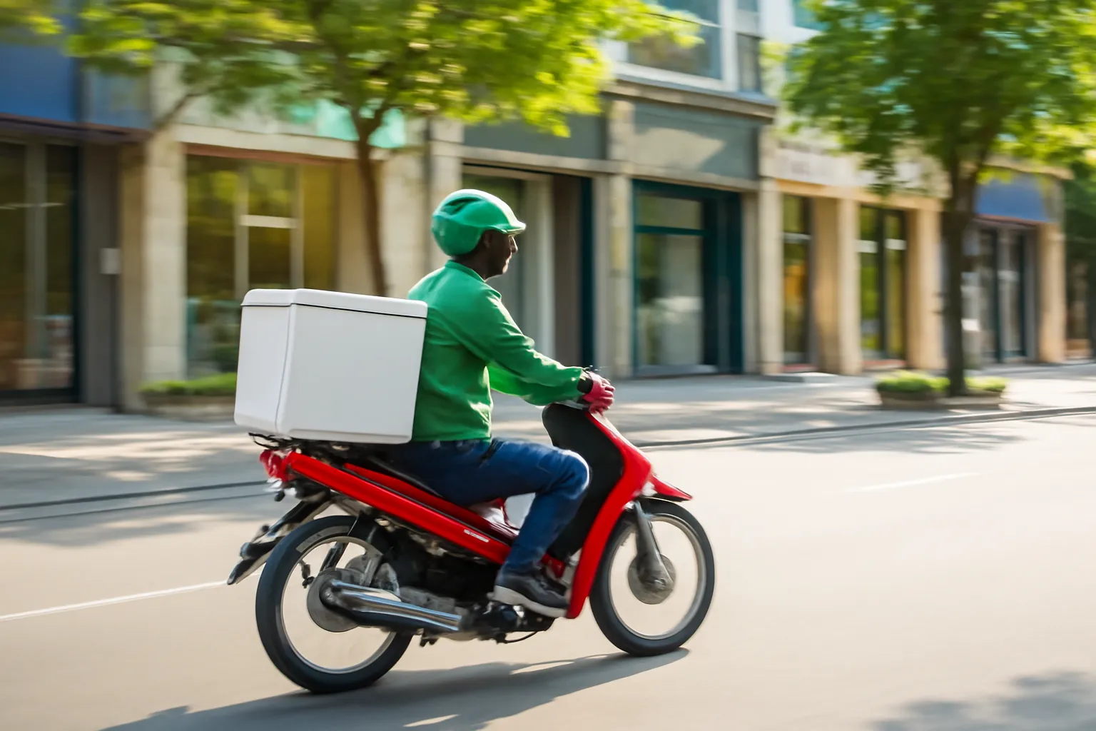 Shipper xe máy chạy trên phố sáng với thùng giao hàng trơn phía sau