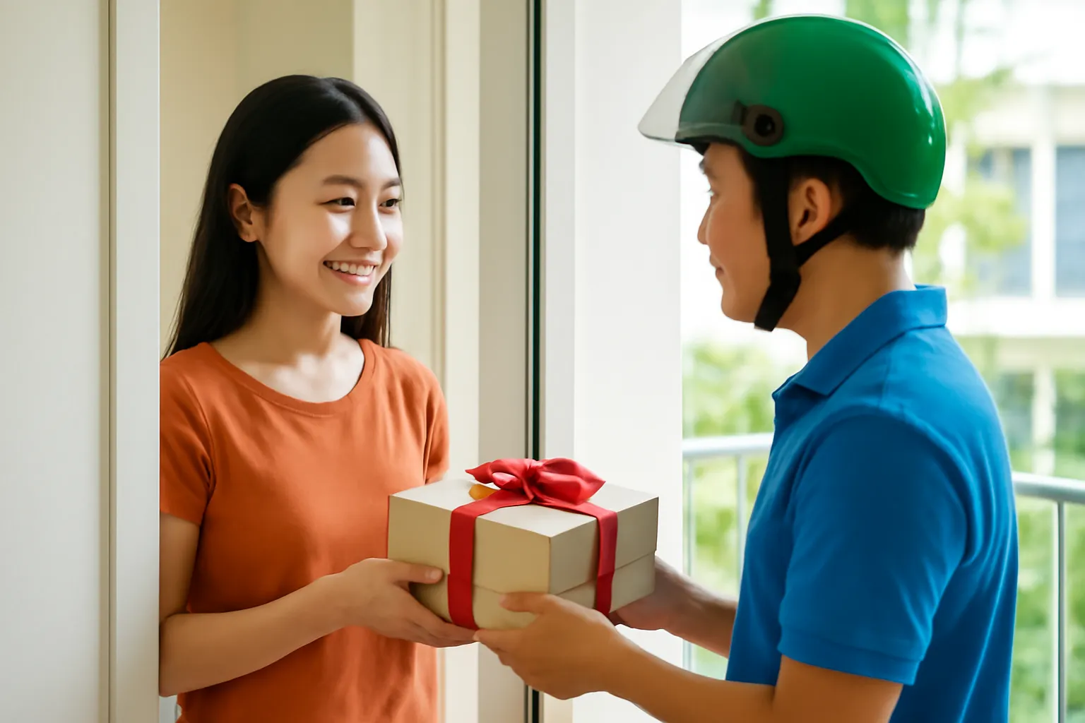 Shipper trao hộp quà cho cô gái ở cửa căn hộ sáng sủa