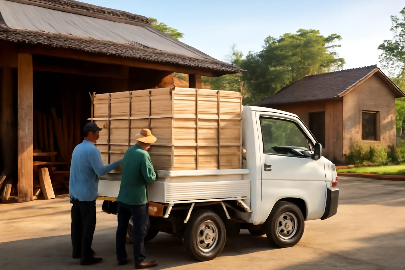 Xe tải nhỏ chở chồng thùng nuôi ong dú gỗ mới đỗ trước xưởng mộc buổi sáng