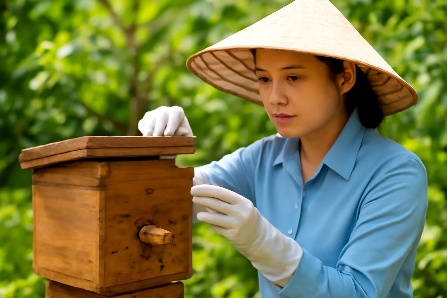 Người phụ nữ đeo găng mỏng và mũ vành rộng mở hộp ong dú trong vườn