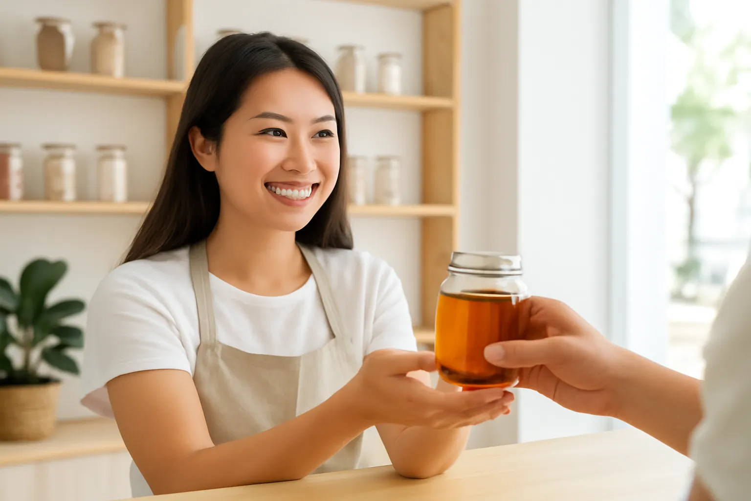 Nhân viên quầy nhận lại hũ mật ong dú từ khách trong cửa hàng sáng sủa