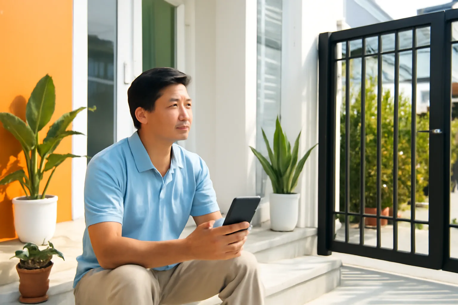 Người đàn ông ngồi bậc thềm nhìn điện thoại màn hình tắt