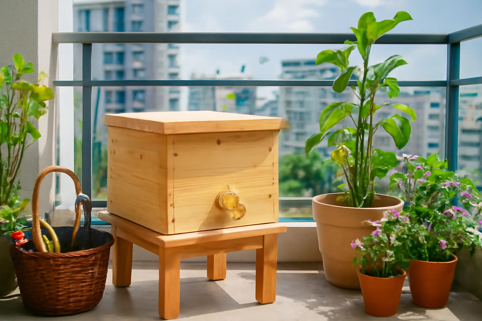 Ban công chung cư có hộp ong dú nhỏ cạnh giỏ dụng cụ và chậu hoa