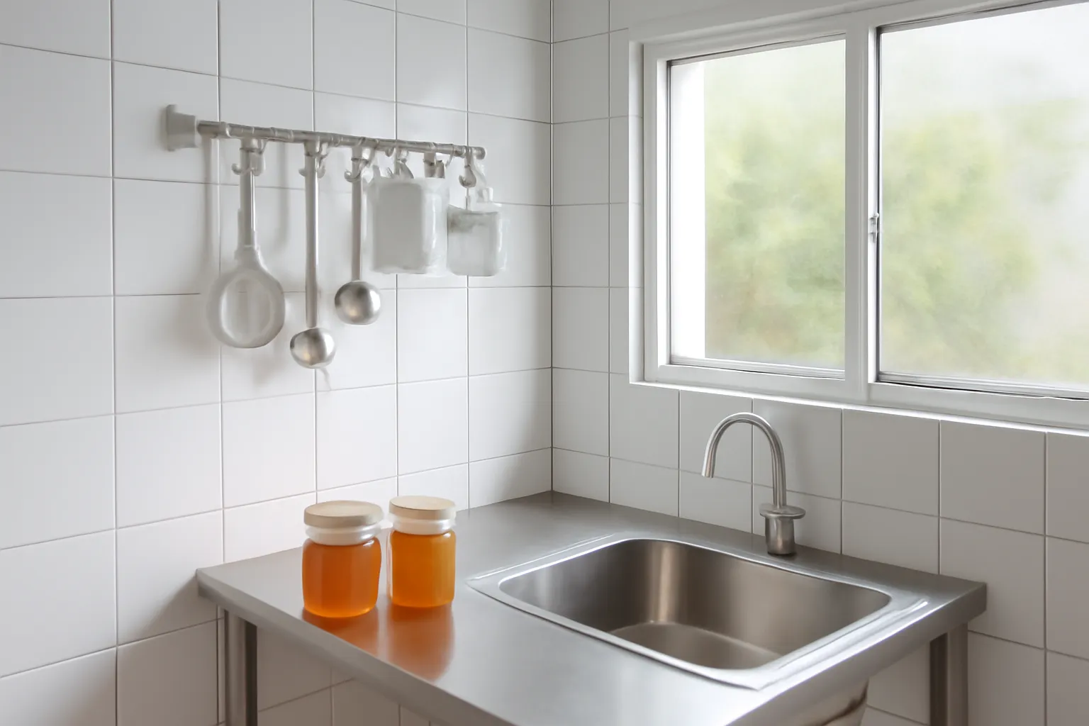 Phòng sơ chế lát gạch trắng có bồn rửa inox sáng và giá phơi dụng cụ