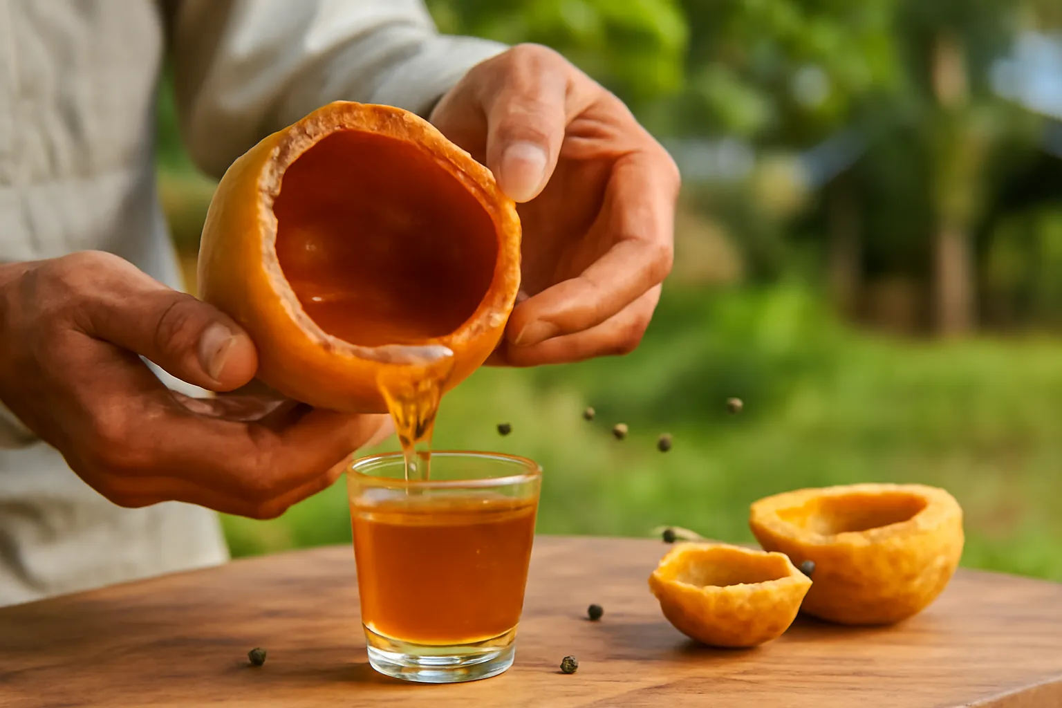 Tay người nuôi rót mật ong dú từ bình sáp vào cốc thủy tinh nhỏ