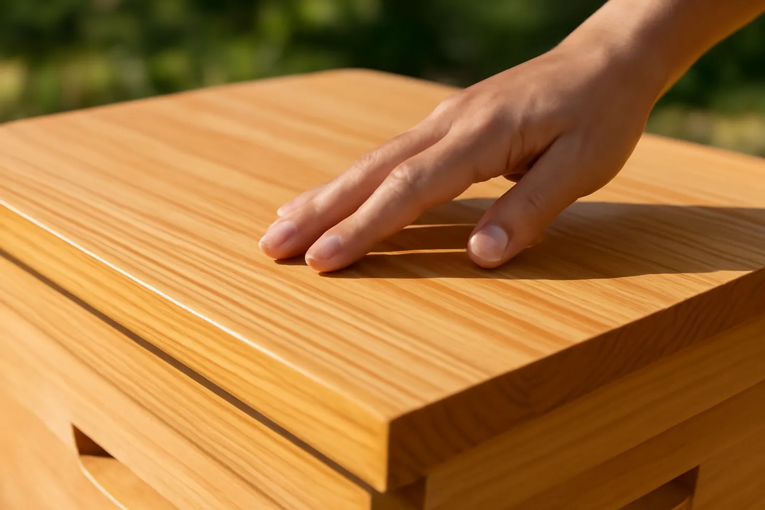 Bàn tay vuốt trên mặt gỗ thùng nuôi ong dú mới bào, thấy rõ vân gỗ
