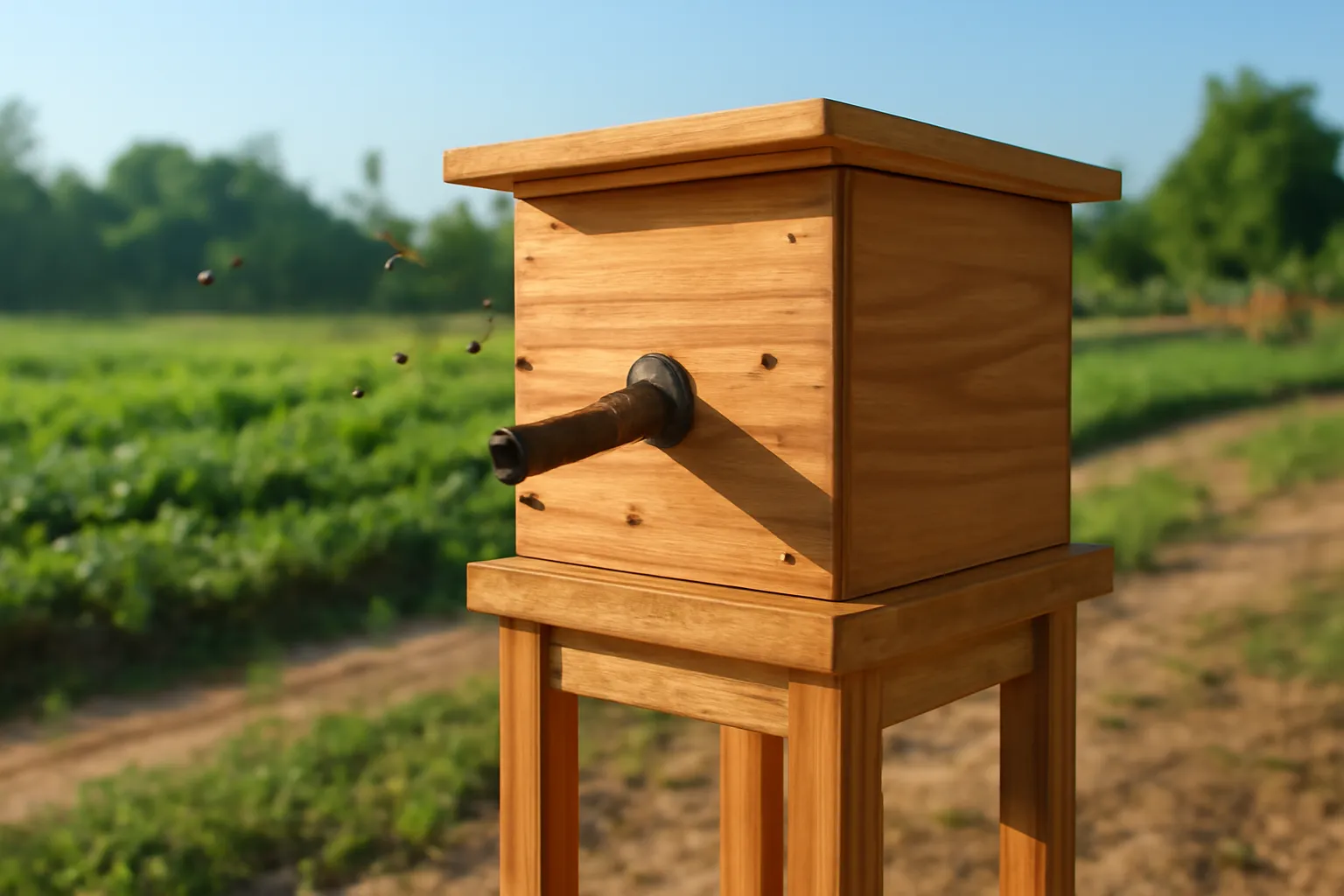 Tổ ong dú giống trong thùng gỗ đặt trên giá ở sân trại buổi sáng