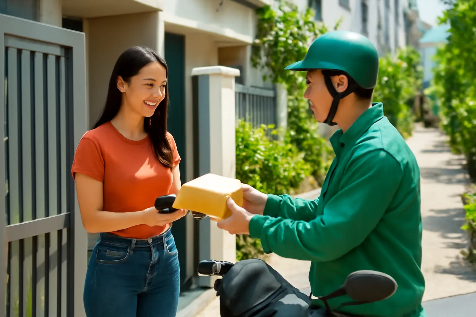Cô gái đứng ở cửa nhận gói hàng, điện thoại màn hình tắt trong tay