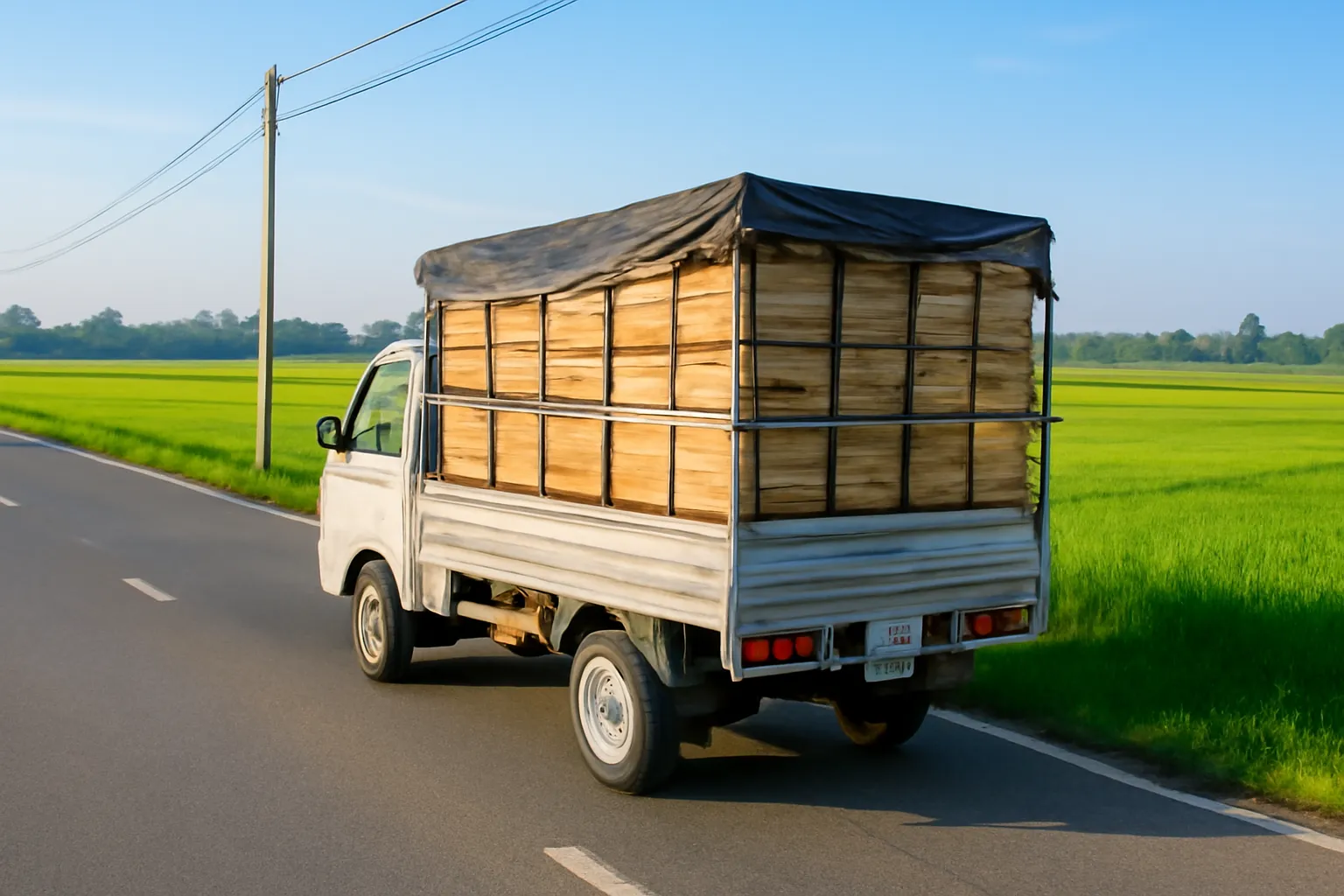 Xe tải nhỏ chở thùng ong gỗ chằng chắc chạy trên đường quê sáng sớm