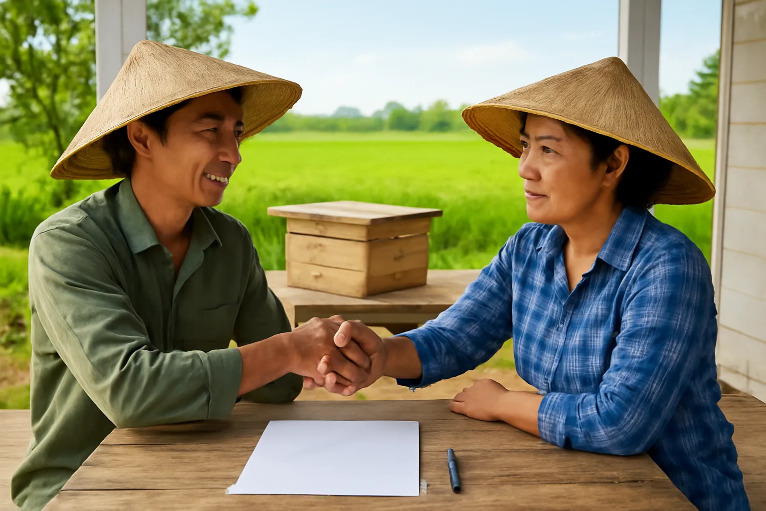 Hai người bắt tay trên bàn gỗ có tờ giấy úp mặt và cây bút