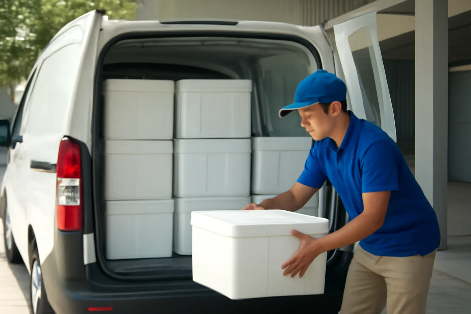 Thùng xốp trắng xếp gọn trong khoang xe tải sạch và mát