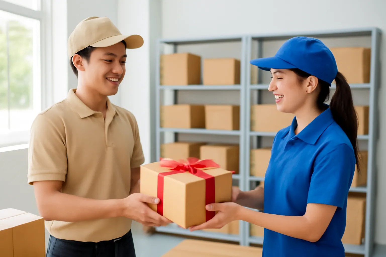 Shipper nhận thùng quà tại kho đóng gói sáng sủa