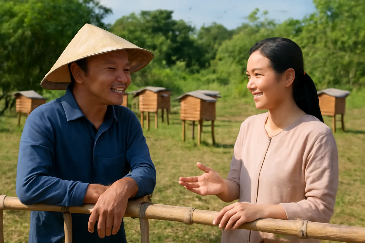 Hai người trò chuyện bên hàng rào trại ong dú, hàng hộp gỗ phía sau