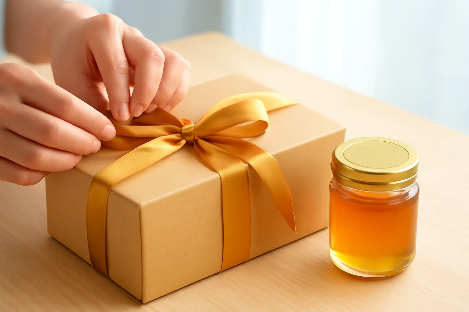 Đôi tay thắt nơ ruy băng trên hộp quà giấy kraft trơn
