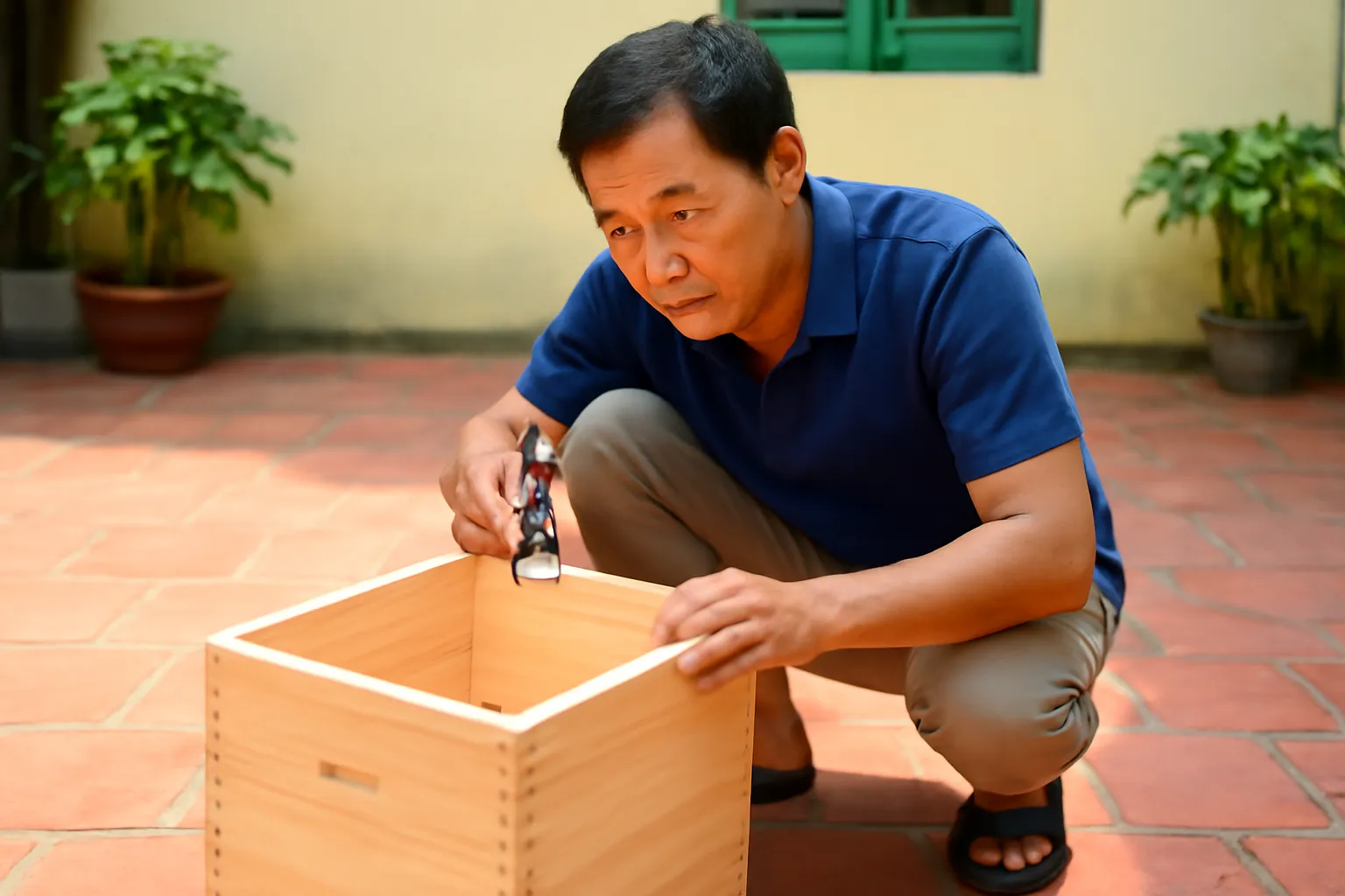 Người đàn ông soi khe thùng nuôi ong dú bằng đèn pin ngoài sân gạch