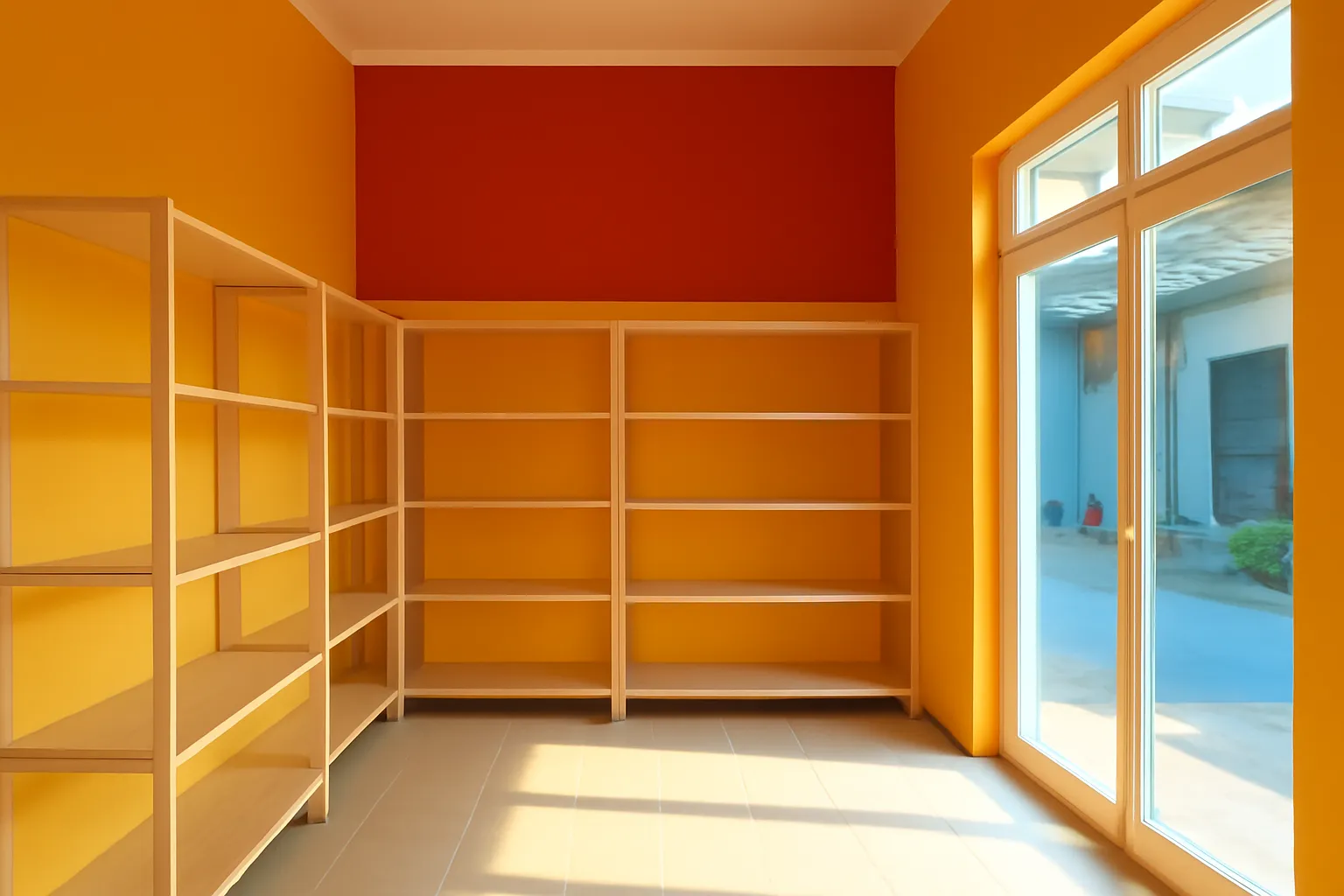 Cửa hàng nhỏ mới sơn với kệ gỗ còn trống, nắng sớm chiếu qua cửa