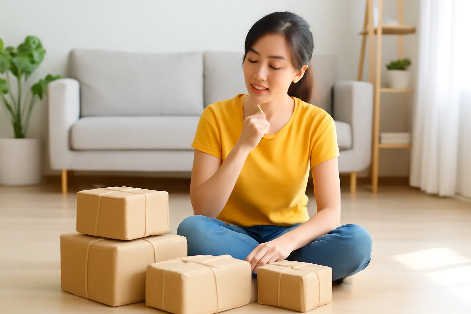 Nhiều hộp quà kích cỡ khác nhau xếp trên sàn gỗ phòng khách