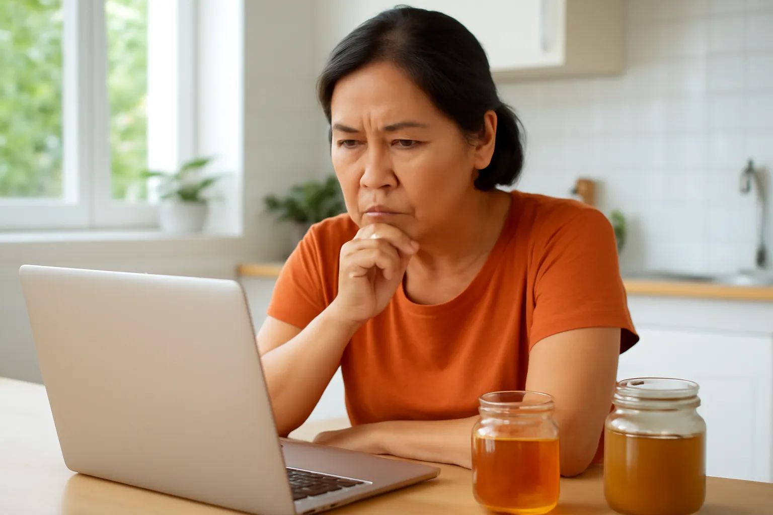 Người phụ nữ trung niên dừng tay trước laptop, nhíu mày suy nghĩ