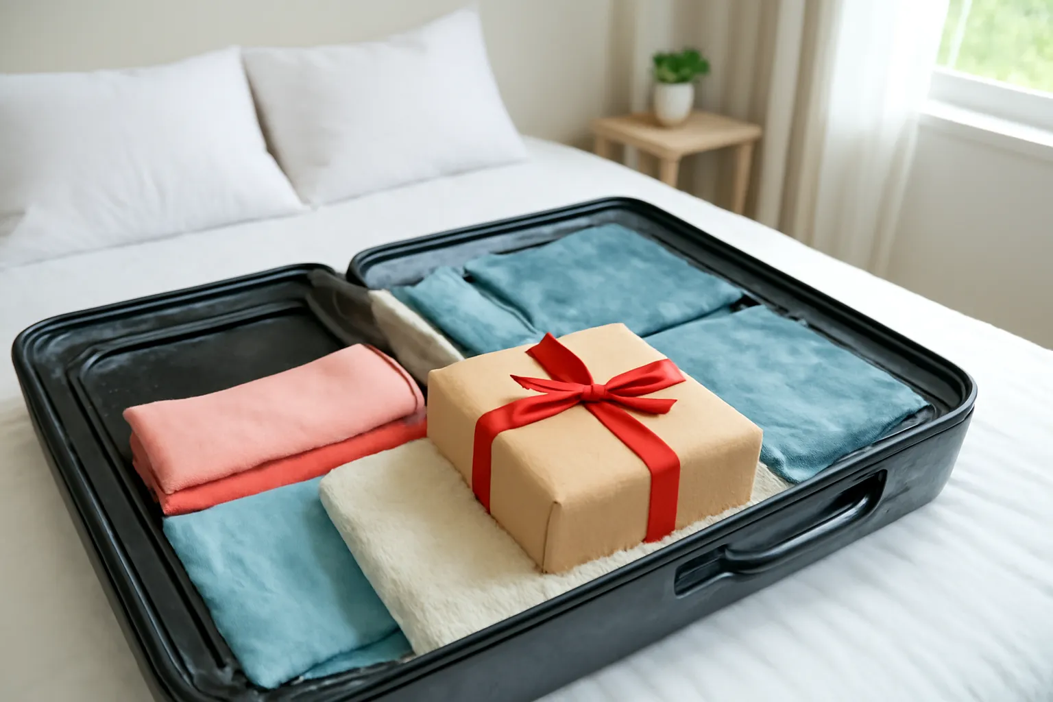 Vali mở trong phòng ngủ sáng, hộp quà mật ong được quấn khăn cẩn thận