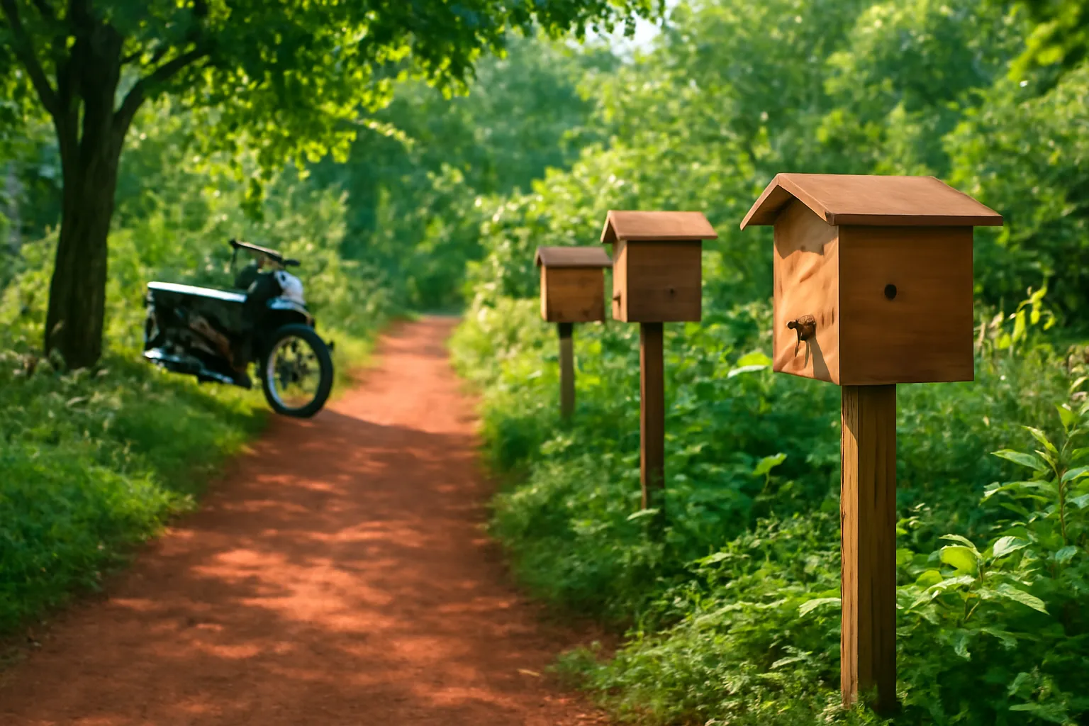 Con đường đất đỏ dẫn vào vườn có hộp ong dú, xe máy dưới gốc cây