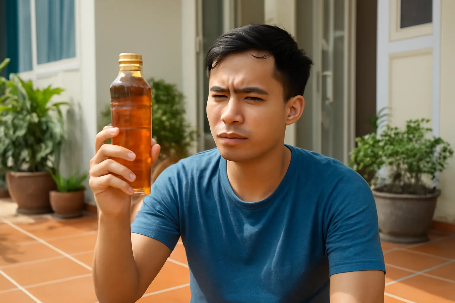 Chàng trai trẻ nhíu mày giơ chai mật nhựa trơn lên trước nắng