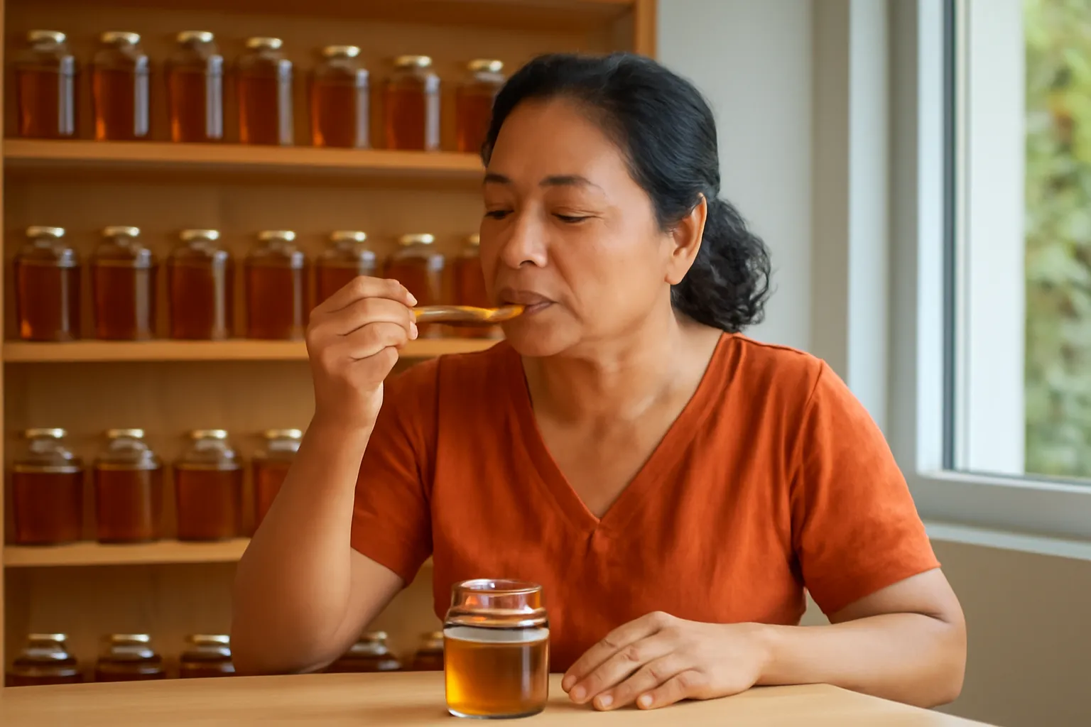 Người phụ nữ nếm thìa mật ong nhỏ ở quầy thử, phía sau là kệ gỗ xếp hũ