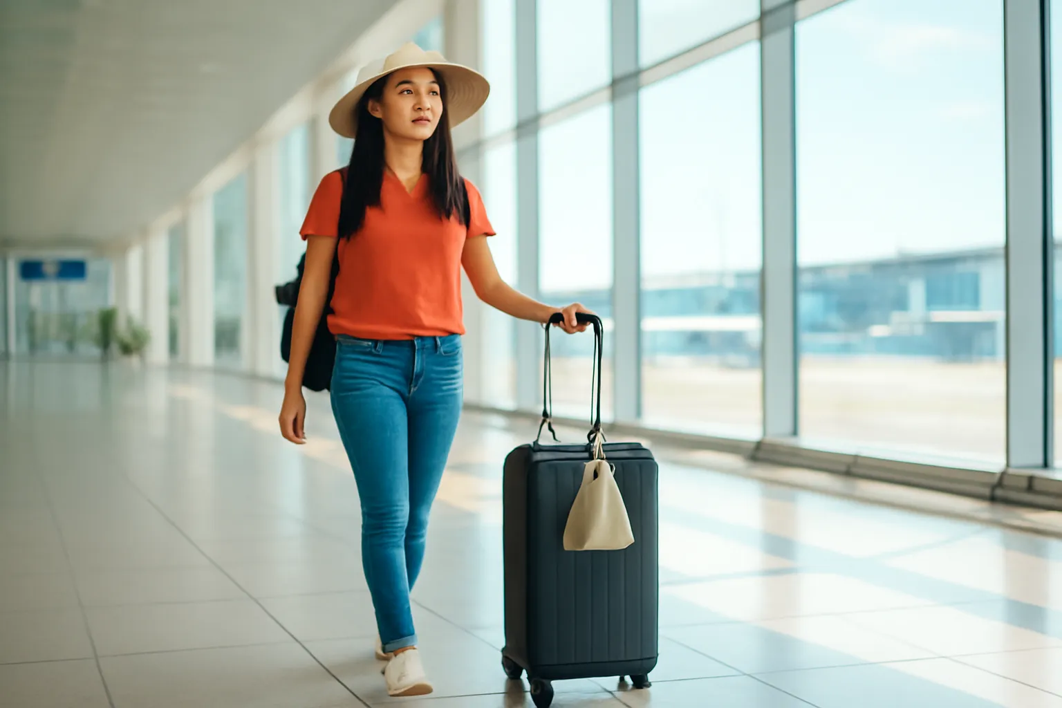Hành khách kéo vali trong sảnh sân bay sáng và rộng