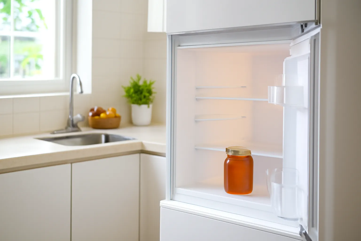 Hũ mật ong dú nhỏ trơn đứng ở ngăn cửa tủ lạnh trong bếp sáng