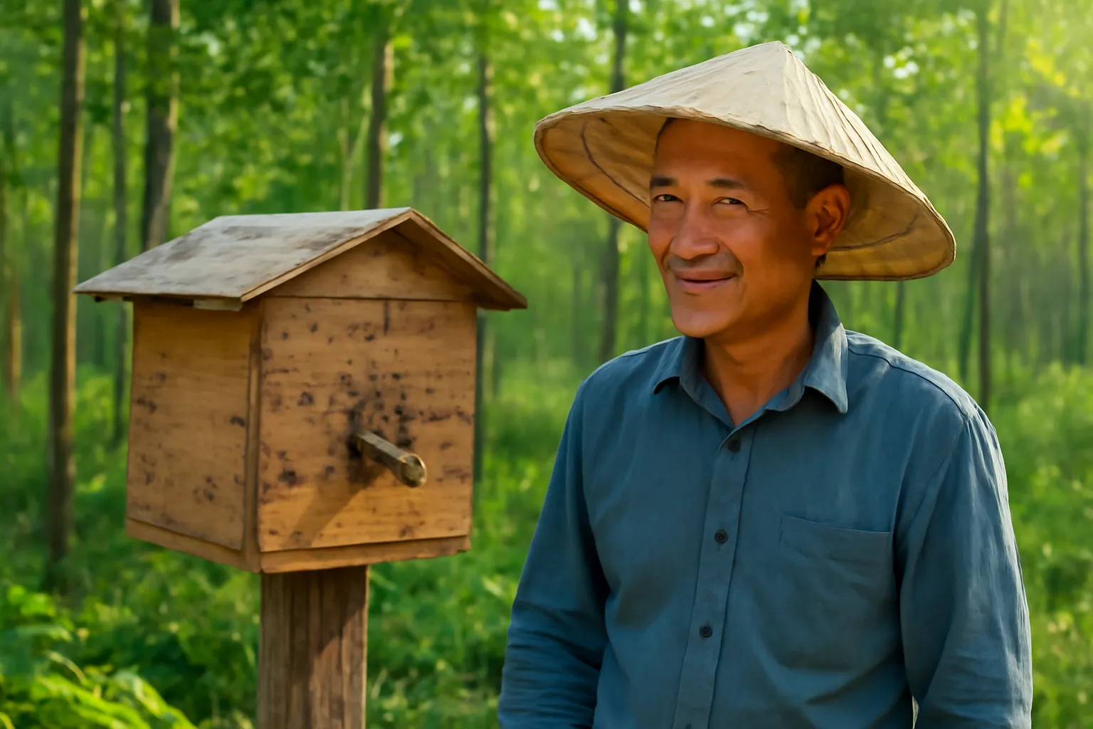 Người nuôi đứng cạnh hộp ong dú gỗ đặt trên cọc ở rìa rừng tràm