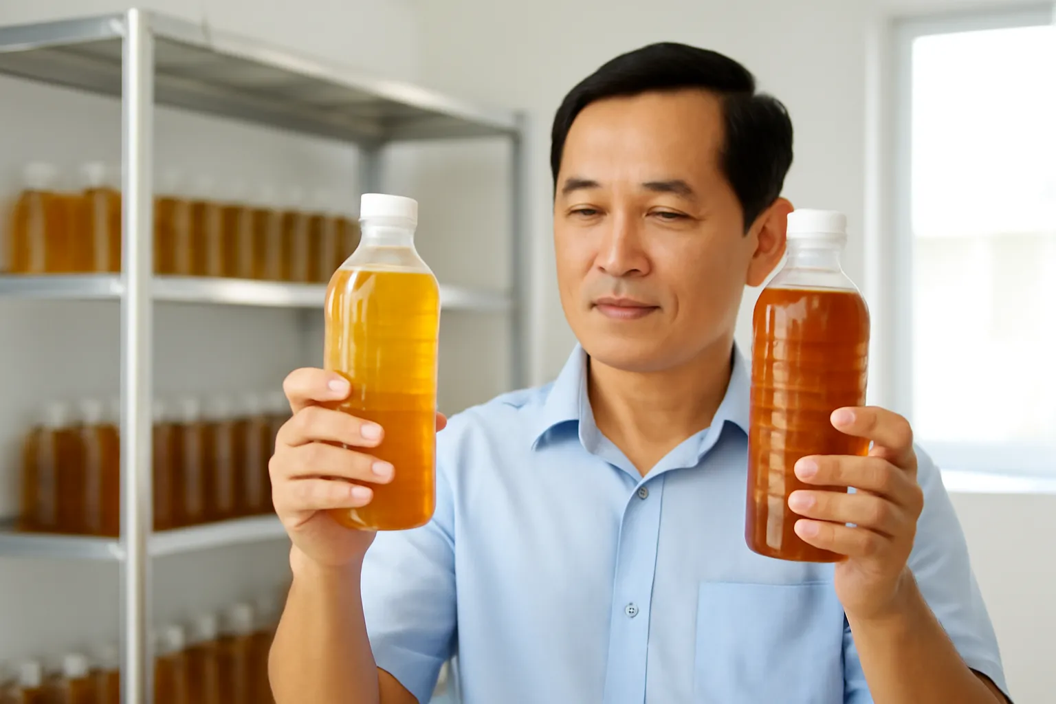 Người đàn ông trong kho sạch giơ hai chai mật ong dú so màu
