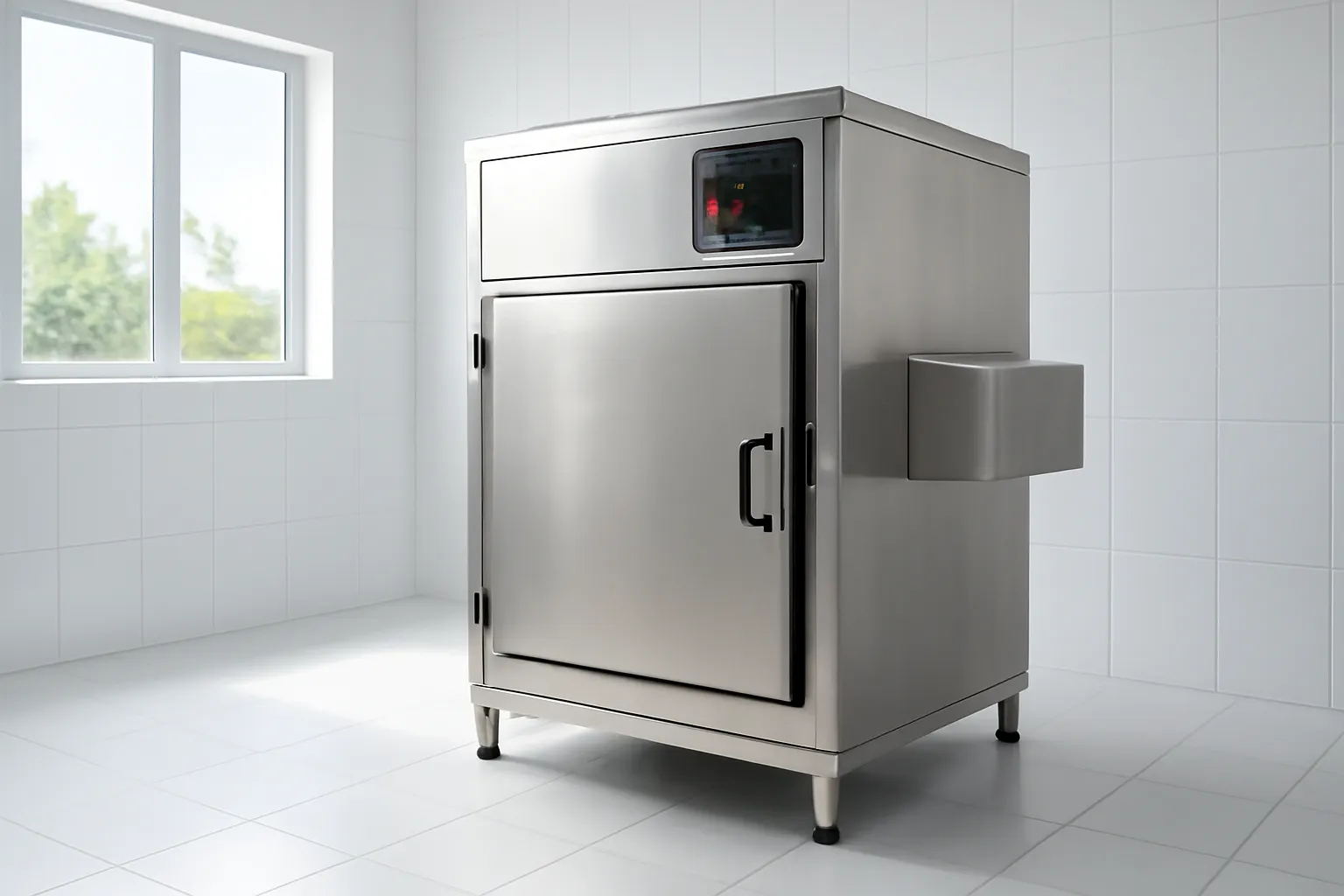 Thiết bị inox nhỏ gọn đặt trong phòng sơ chế lát gạch trắng