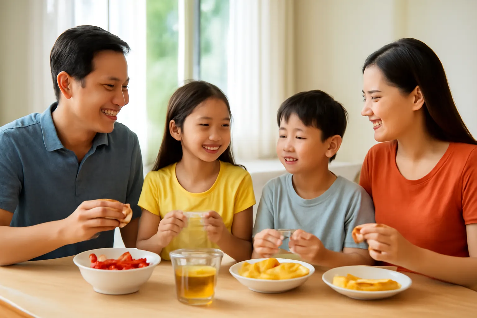Gia đình bốn người ăn sáng, hũ mật ong dú nhỏ và bánh mì giữa bàn