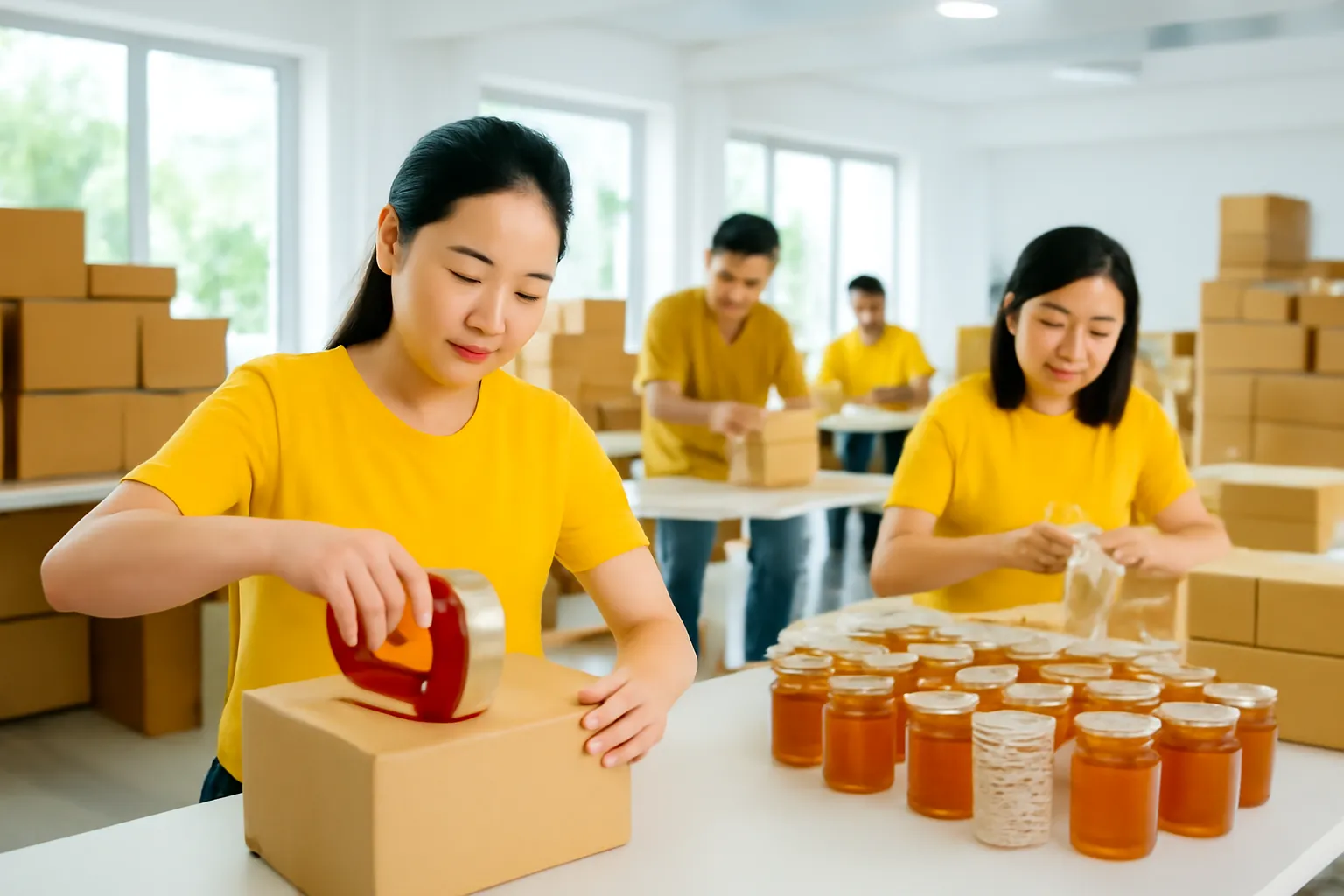 Kho đóng gói nhộn nhịp, nhân viên dán thùng hộp mật ong dú