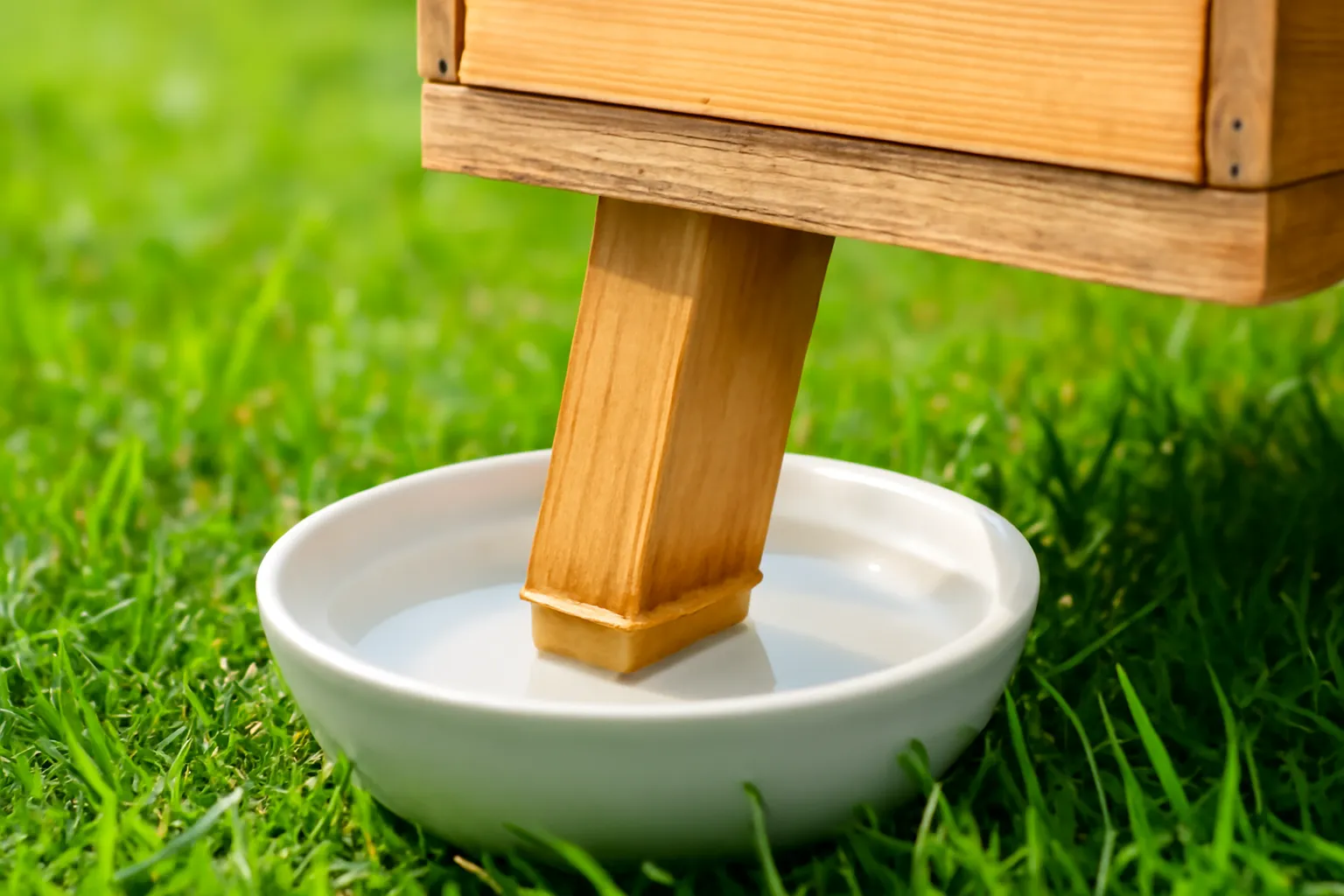 Chân giá kê đặt trong chén nước chống kiến trên nền cỏ xanh