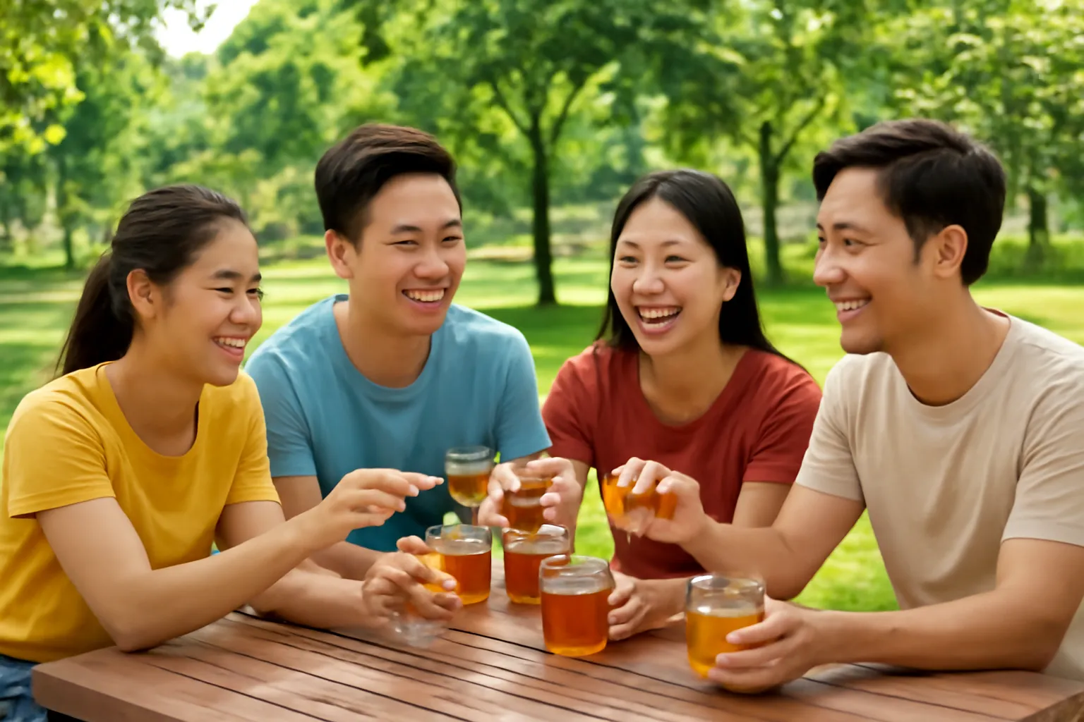 Nhóm bạn trẻ chia những hũ mật ong dú trên bàn dã ngoại ở công viên
