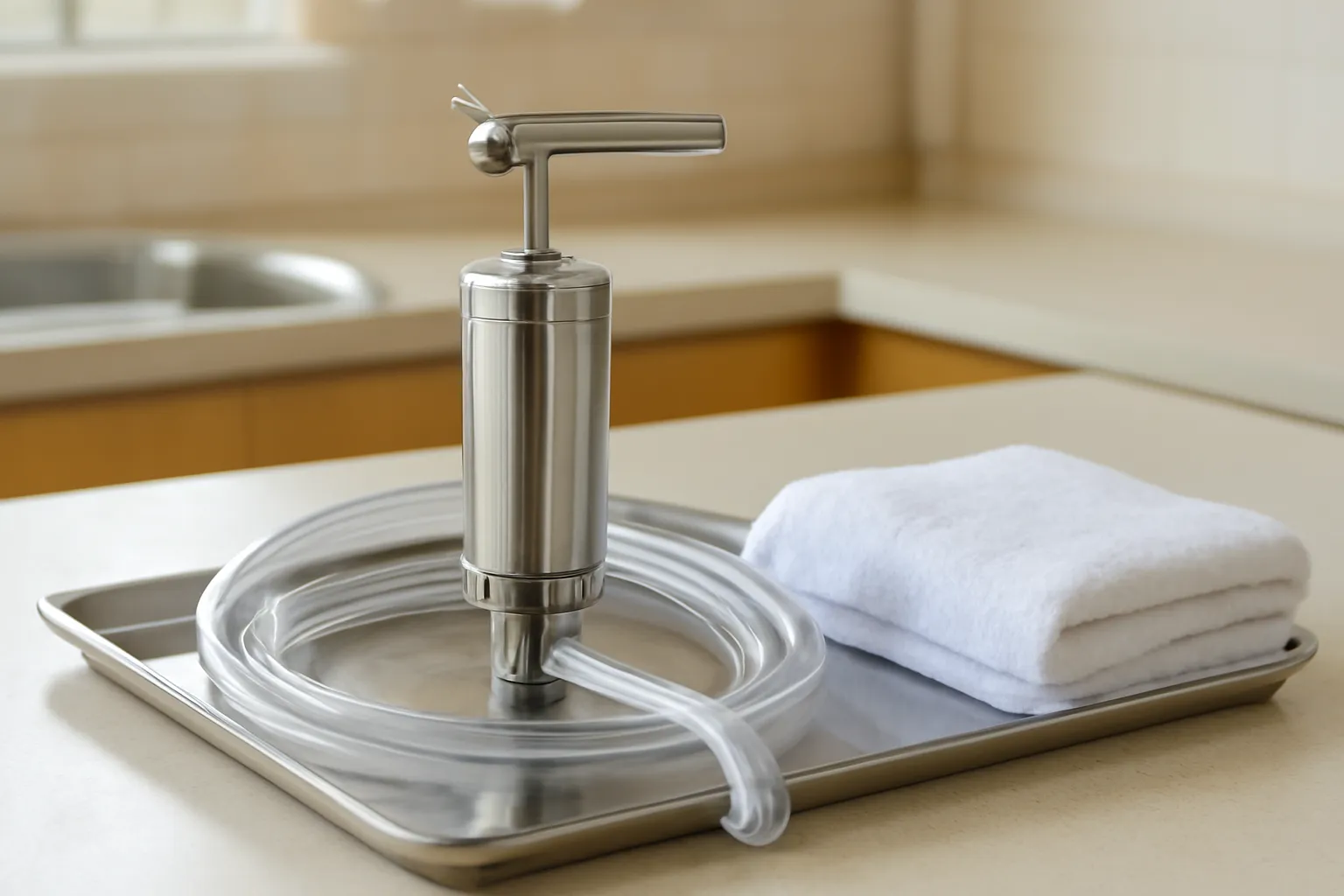 Bơm hút mật tay cầm inox đặt trên khay sạch cạnh khăn trắng