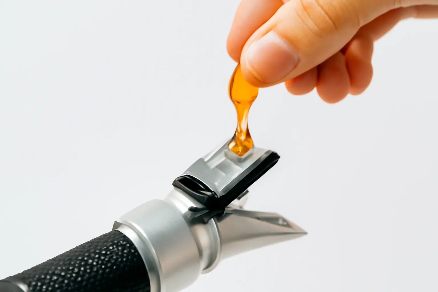 Tay nhỏ giọt mật lên khúc xạ kế cầm tay trên nền trắng sáng