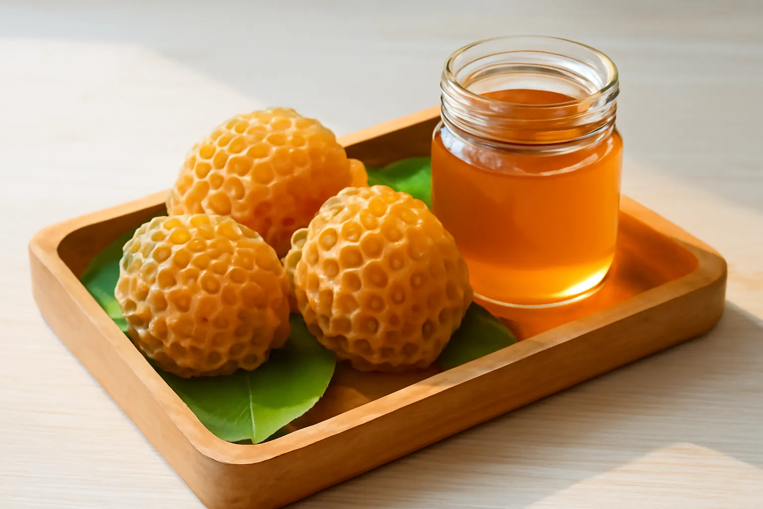 Khay gỗ có bình sáp ong dú nguyên cạnh hũ mật đã lọc trong veo