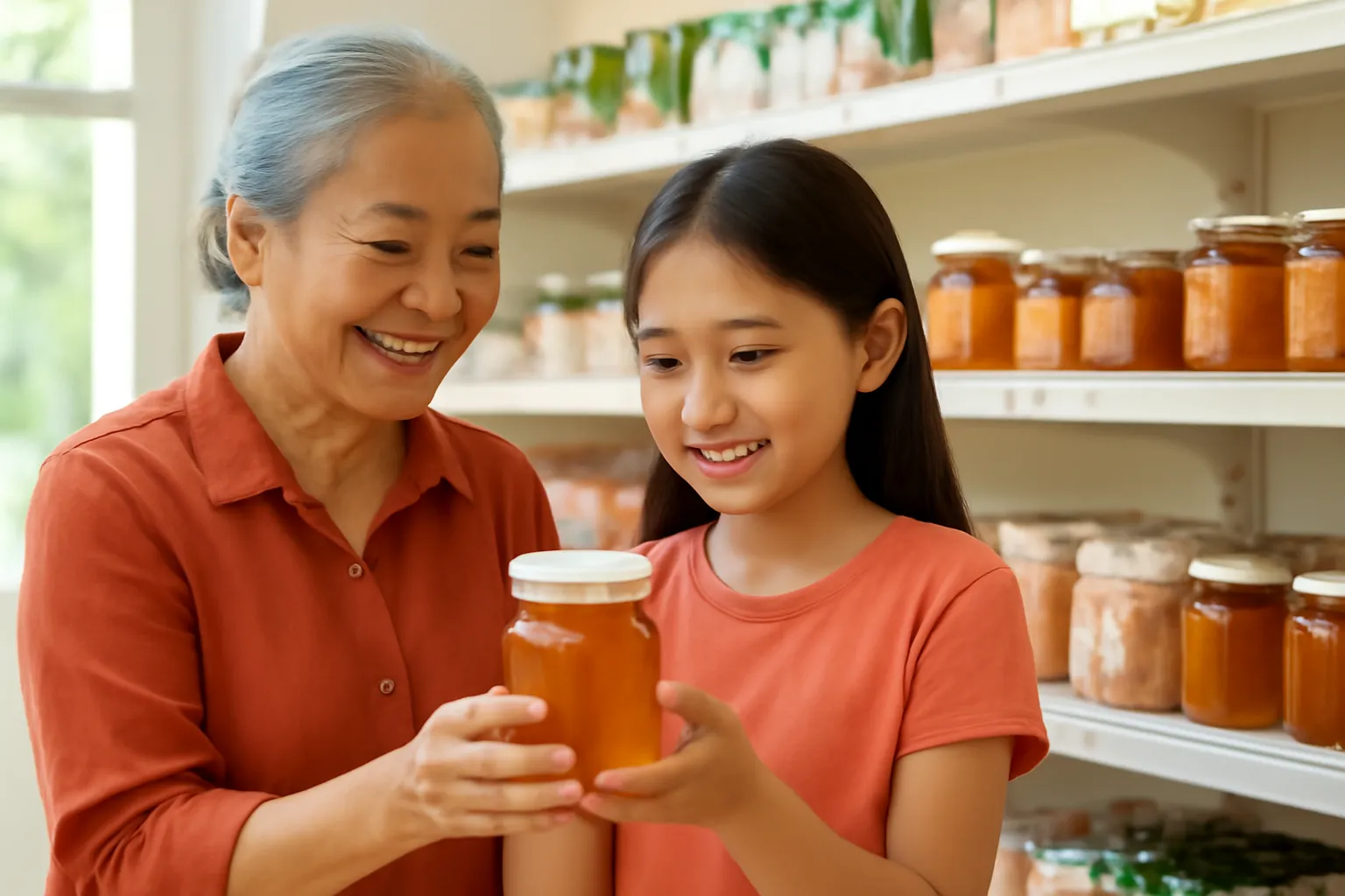 Bà cụ cùng cháu gái chọn hũ mật ong dú ở quầy tạp hóa sạch