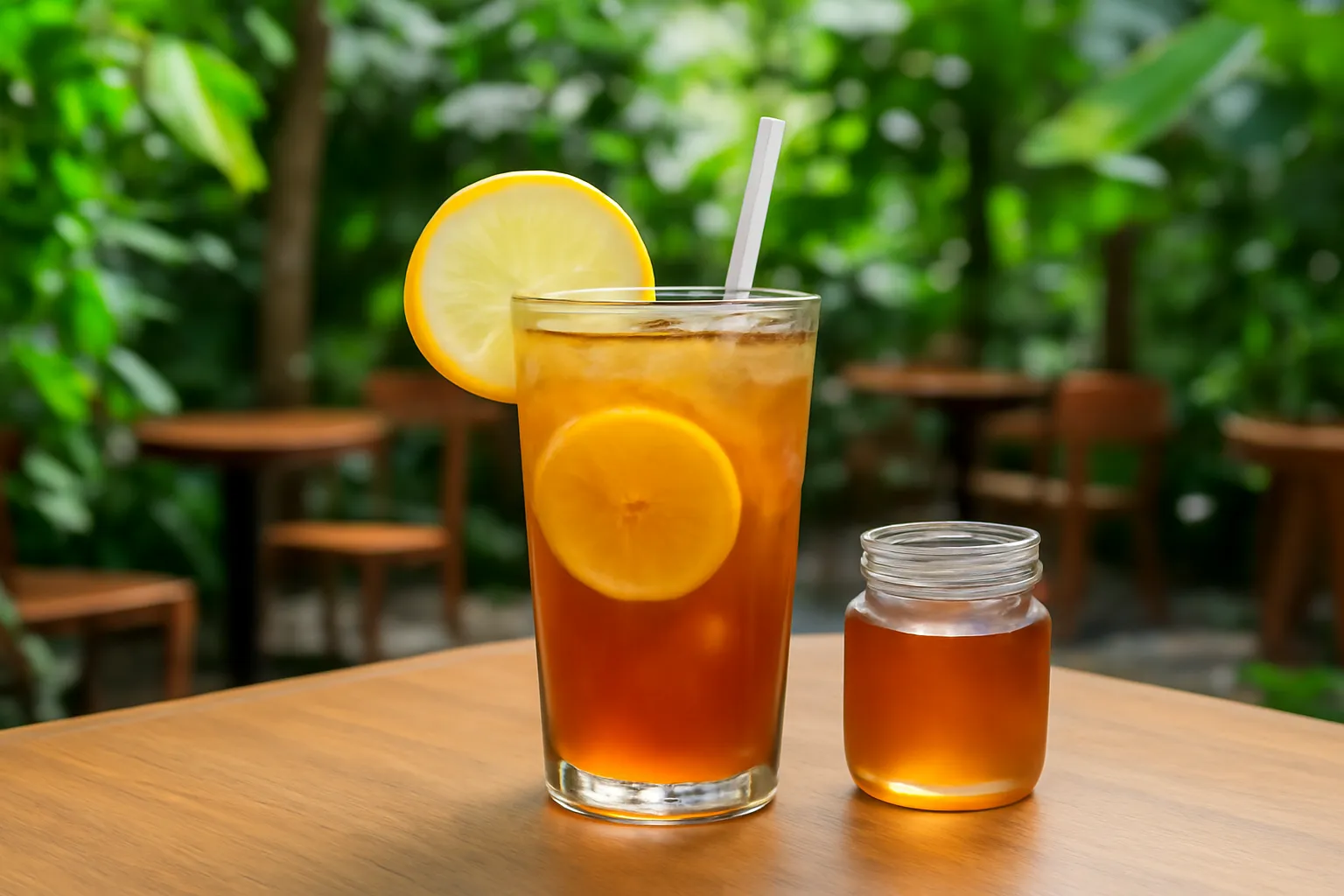 Ly trà chanh pha mật ong dú trên bàn gỗ quán sân vườn xanh